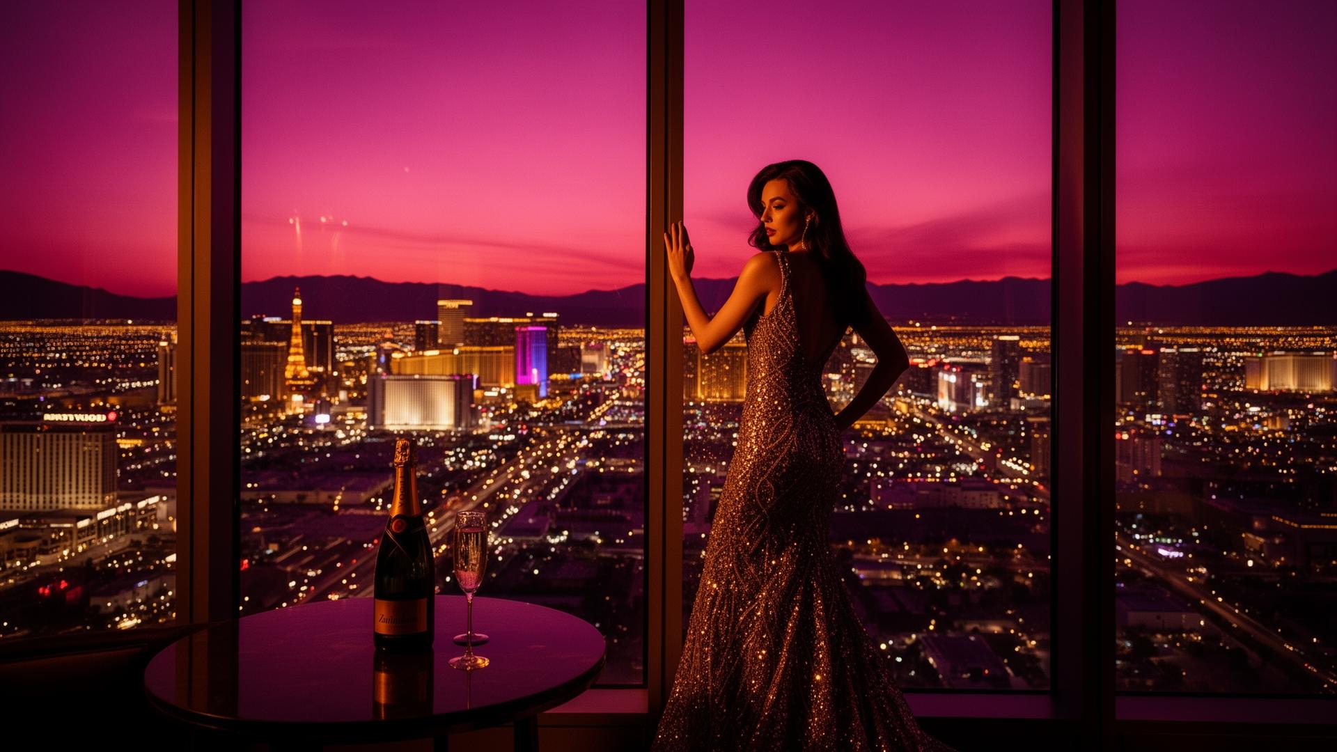 A woman in a sequined gown overlooking the Las Vegas skyline from a penthouse suite